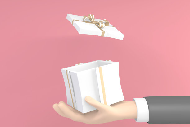 手拿一个打开的礼物盒在粉红色的背景。三维渲染图片下载