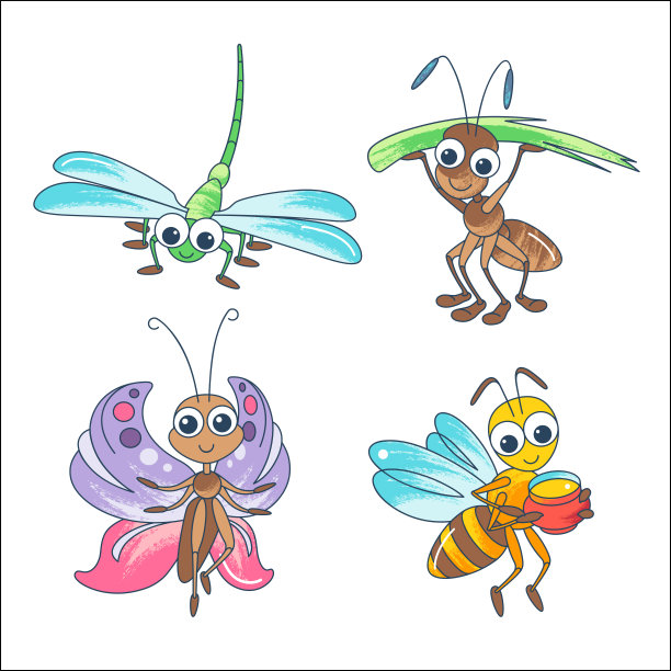 可爱的昆虫卡通人物。明亮的蝴蝶，蜻蜓，蚂蚁，蜜蜂孤立在白色的背景。图片下载