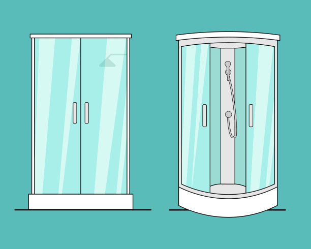 绿色背景下的两个独立的淋浴间。图片下载