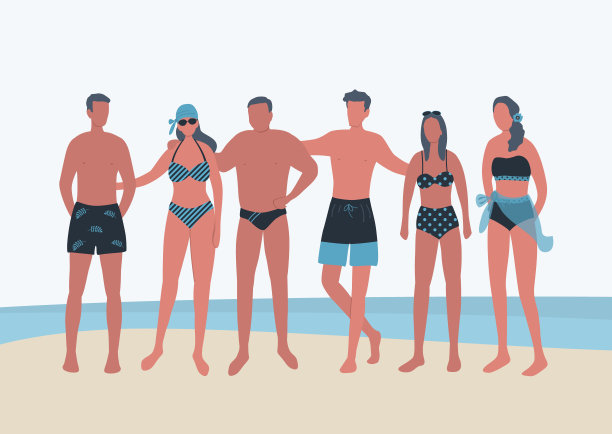 穿着沙滩服的年轻人站在海边图片下载