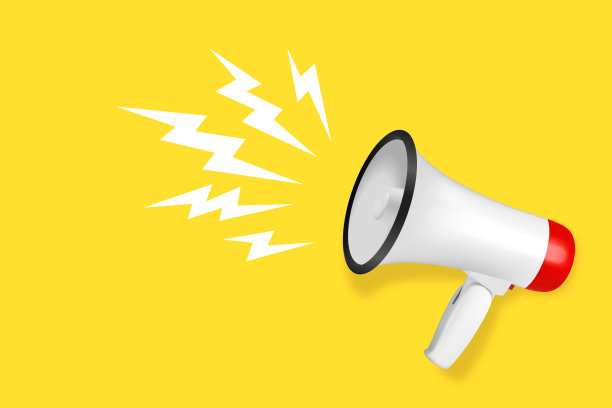 矢量现实3d简单的白色扩音器在黄色的背景。设计模板，横幅，网页。演讲者的迹象。声明,关注概念图片下载