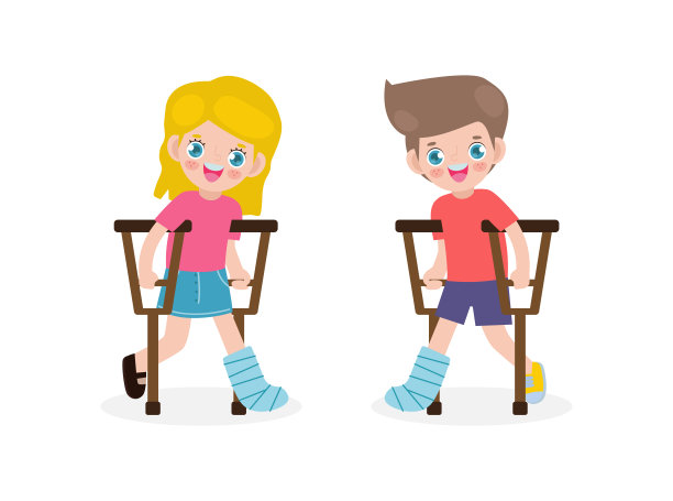 一套白种人的孩子受伤与骨折的腿在石膏，小孩子站在拐杖上，卡通青少年残疾字符骨折的腿石膏隔离在白色背景矢量插图图片下载