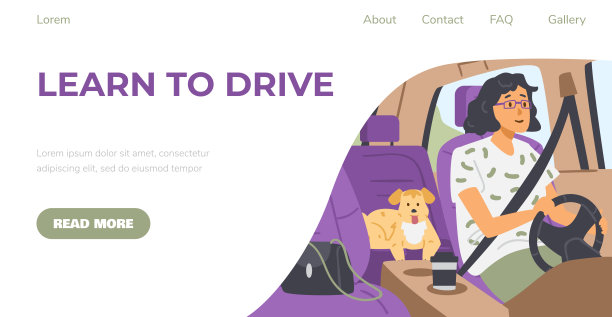 网站横幅驾驶学校与女性司机，平面矢量插图。图片下载
