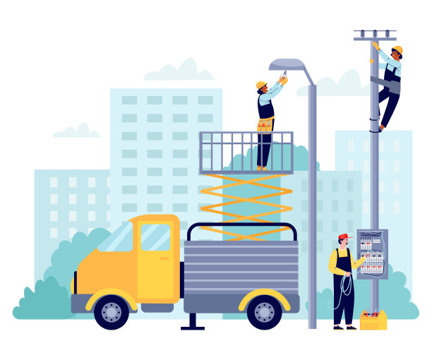 电工工作与街道照明线平面矢量插图隔离。图片下载