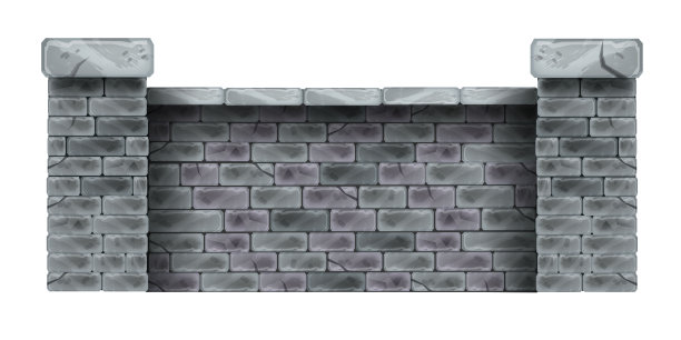 砖栅栏矢量插图，石头房子花园屏障，岩石柱子，外部灰色裂瓦。图片下载
