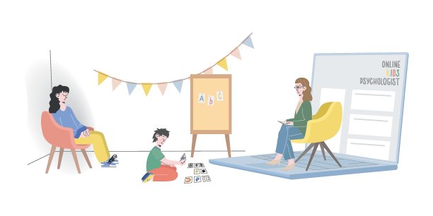 儿童在线心理咨询概念。心理学家和小男孩和妈妈正在使用现代科技应用程序，笔记本电脑进行视频通话图片下载