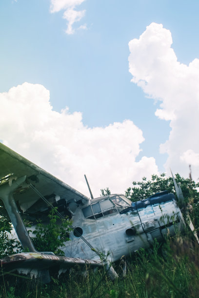 一个坠毁的飞机机翼的特写。金属框架和内部部件是可见的。一件件的室内装潢和织物装潢在风中飘扬。铁锈和碎片图片下载