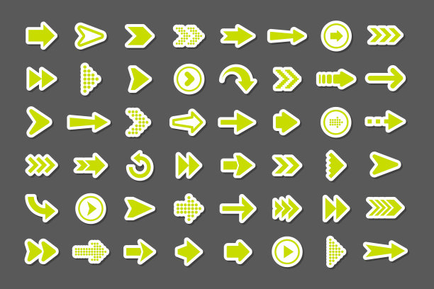 彩色箭头贴纸套装。绿色光标图标，指针集合。不同形状的简单箭头。接下来，返回网页标志。矢量图图片下载