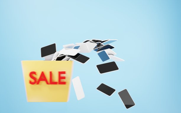 购物篮打折手机。网上购物智能手机。在网上购物和下单。黄色的袋子与红色的销售在蓝色的背景，3d插图下降的移动设备图片下载