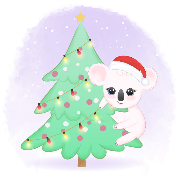 可爱的树袋熊在冬天的松树上图片下载