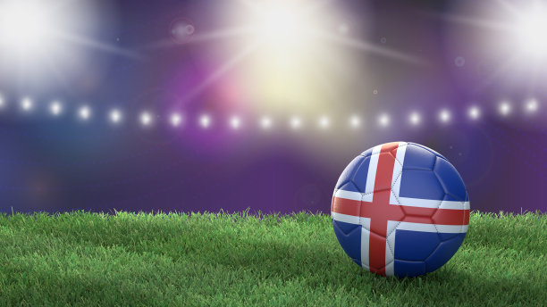 在一个明亮模糊的体育场背景上的国旗颜色的足球。冰岛。图片下载