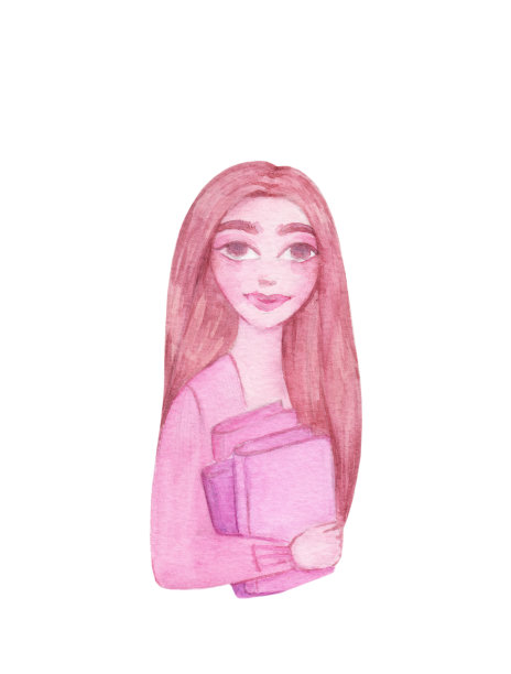 有书的女学生。快乐女生的肖像。水彩插图孤立在白色。图片下载