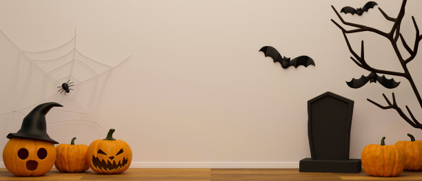 房间里装饰着严肃的、咧嘴笑的南瓜、干树、蜘蛛和蝙蝠等可怕的东西，3D渲染图片下载