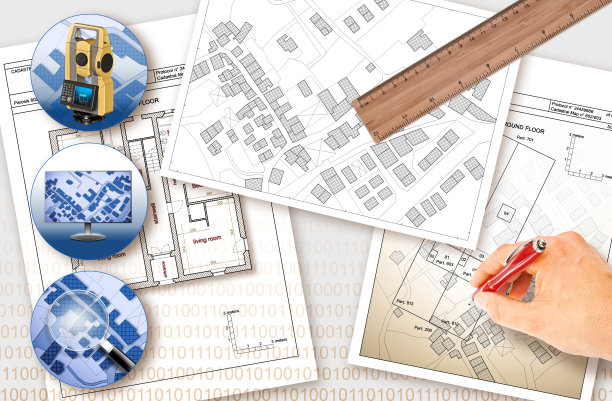 更新公共地籍数字数据库和土地登记信息-概念图像与一个虚构的地籍地图的领土有建筑物、道路和土地地块-注:地图背景是完全虚构的，不代表任何re图片下载