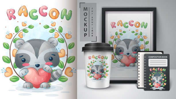 有心形海报和商品的浣熊图片下载