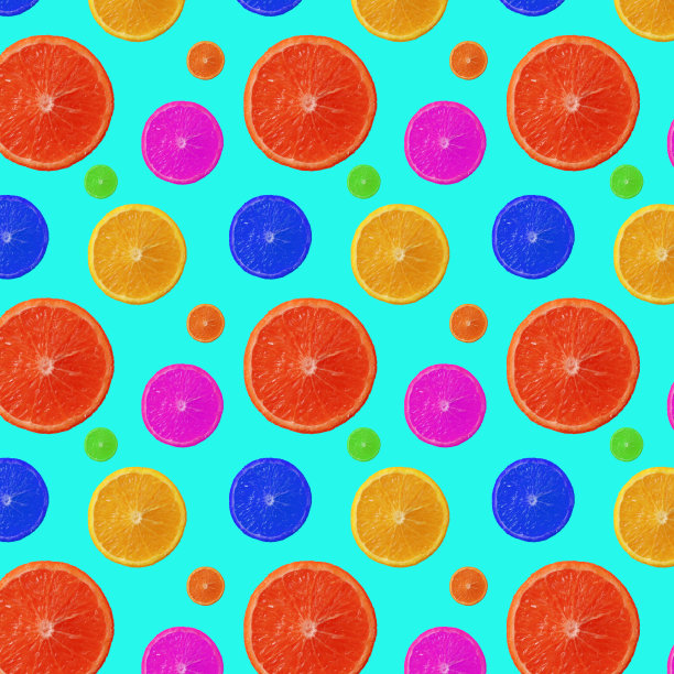 时尚夏季无缝图案的橙色水果片不自然霓虹亮色。健康食品lifestile。食品的背景。礼品包装纸，纺织品印花设计。时尚色彩夏日热带异域水果图案，概念图片下载