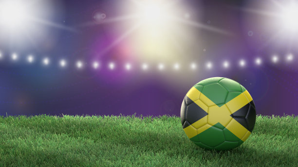 在一个明亮模糊的体育场背景上的国旗颜色的足球。牙买加图片下载