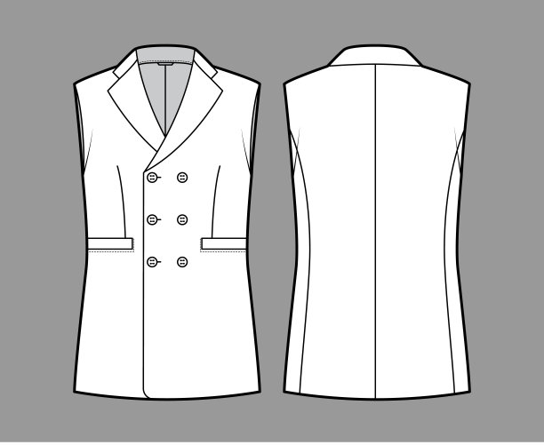 无袖翻领背心马甲技术时尚插图双排扣，钮扣关闭，口袋图片下载