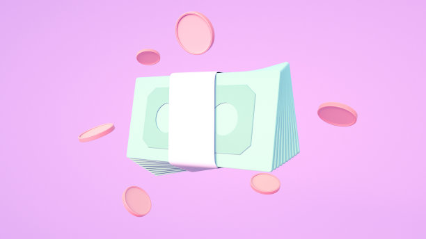 捆绑现金和浮动的硬币在紫色的背景。节约金钱，无现金的社会理念。3 d渲染图图片下载