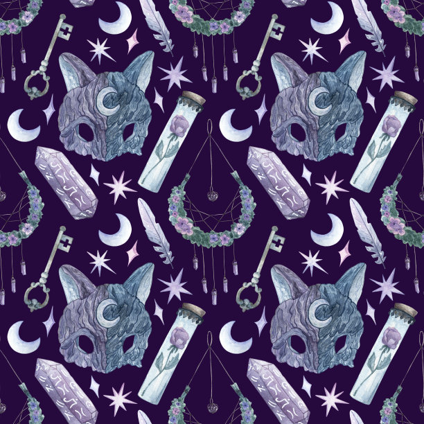 关于巫术的深色水彩图案。图片下载