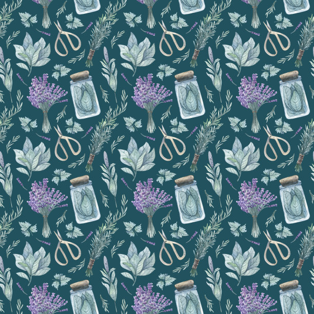 深色水彩图案与草本植物和叶子。图片下载