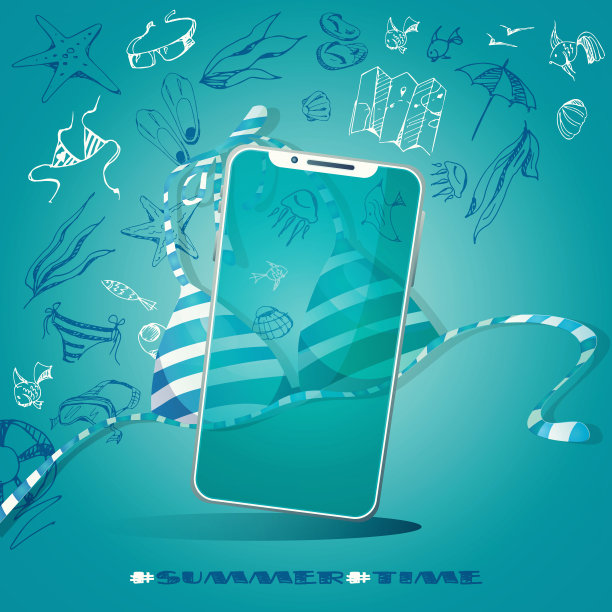 你好,夏天!手机和泳装在夏季抽象彩色背景与徒手画。创意传单或海报。图片下载