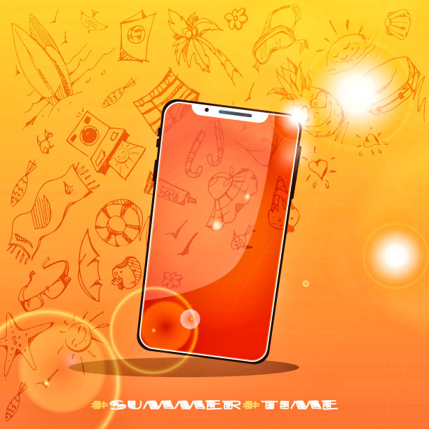 你好,夏天!手机上的夏季抽象彩色背景与手绘。创意传单或海报。图片下载