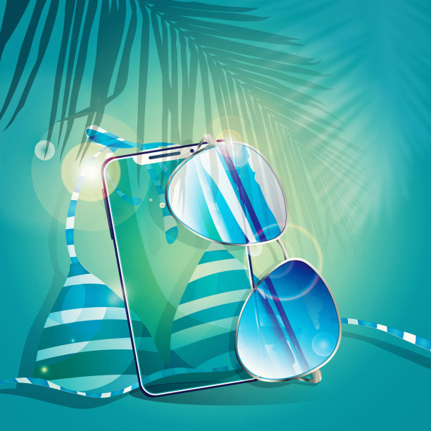 你好,夏天!手机，太阳镜和泳衣的夏季抽象彩色背景与徒手画。创意传单或海报。图片下载