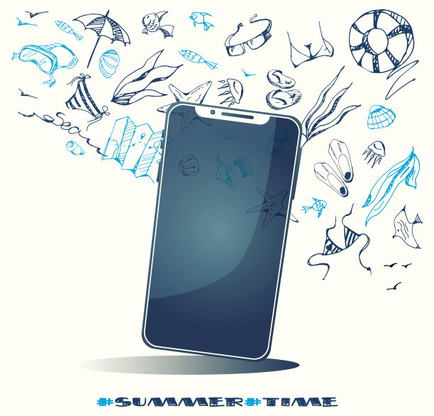 电话在一个白色孤立的背景与手绘制的海洋图纸。有创意的海报或传单。图片下载