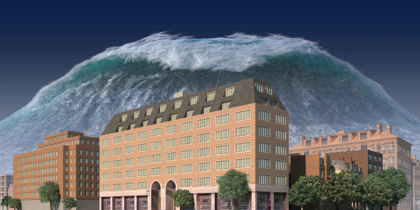 海啸波启示水视图城市洪水风暴。3D插图图片下载