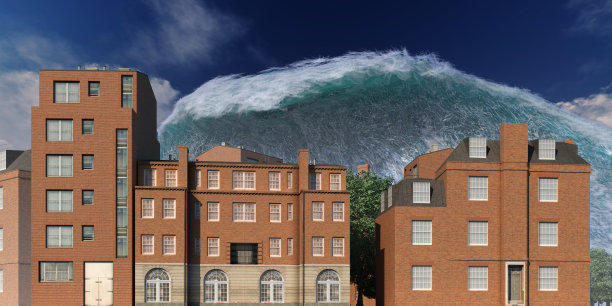 海啸波启示水视图城市洪水风暴。3D插图图片下载