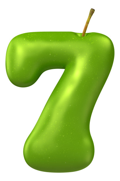青苹果字母表。7号在白色背景上被隔离。3 d渲染图像。图片下载