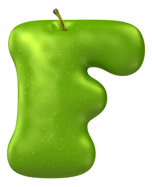 青苹果字母表。字母F孤立在白色背景上。3 d渲染图像。图片下载