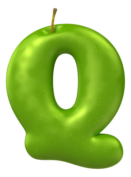 青苹果字母表。字母Q孤立在白色背景上。3 d渲染图像。图片下载