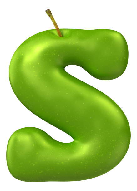 青苹果字母表。字母S孤立在白色背景上。3 d渲染图像。图片下载