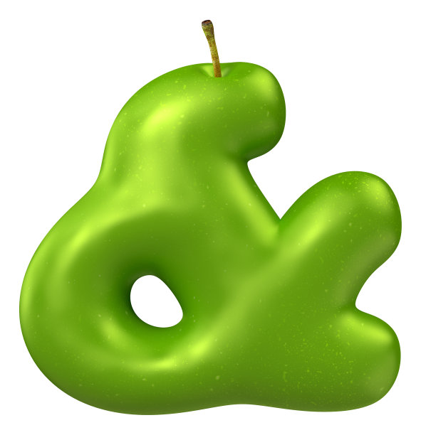 青苹果字母表。与号隔离在白色背景上。3 d渲染图像。图片下载