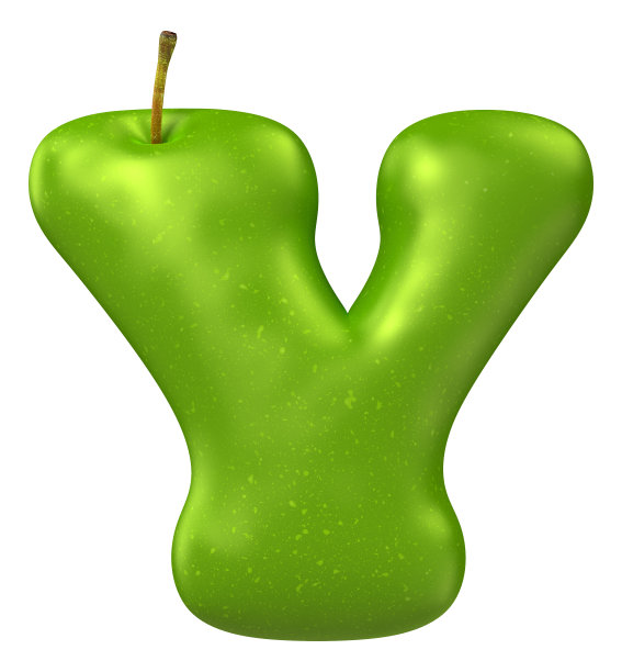 青苹果字母表。字母Y孤立在白色背景上。3 d渲染图像。图片下载