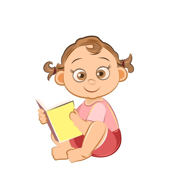 小的孩子。女孩。坐着看书。在白色背景上孤立的物体。欢快有趣。漫画平面风格。幼儿园的年龄。童年的向量。图片下载