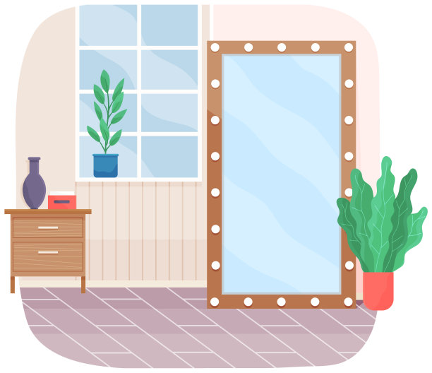 卡通背景的女性客厅与窗户，窗台上的盆栽植物，地镜图片下载