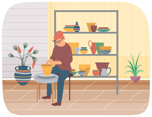 雕刻家制作粘土制品。男人在创意工作室工作。人们按要求制作陶罐图片下载