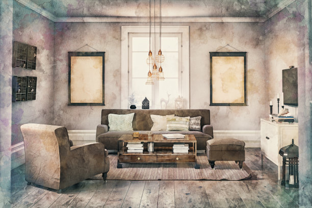 水彩效果的照片上的复古客厅与深棕色的沙发，椅子，桌子和装饰图片下载