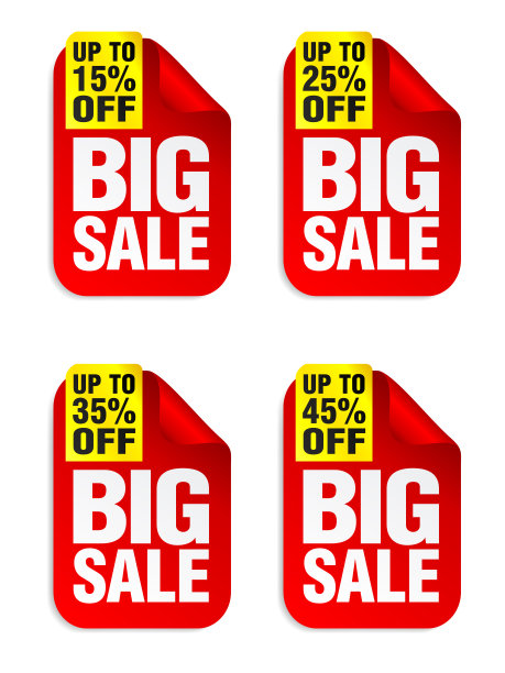 大减价，红色贴纸配黄丝带。销售贴纸15%，25%，35%，45%优惠图片下载