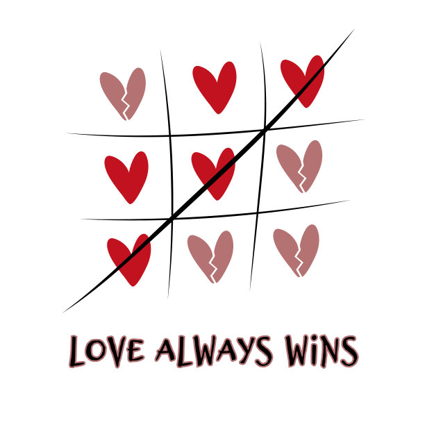 一字棋游戏从红心。彩色插图与文字，tic tac toe与简单，破碎的心。爱总是赢家图片下载