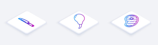 设置等距线刀，鸡腿和牛排肉。白色正方形按钮。向量图片下载