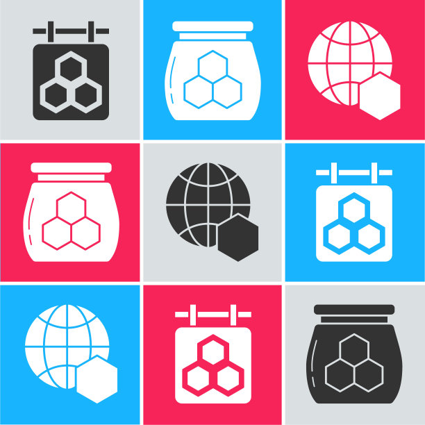 悬挂着蜂巢标志、蜂蜜罐和世界蜂巢地图图标。向量图片下载