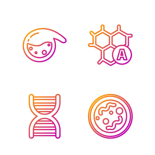 设置细菌，DNA符号，试管和烧瓶化学品和化学配方。渐变颜色图标。向量图片下载