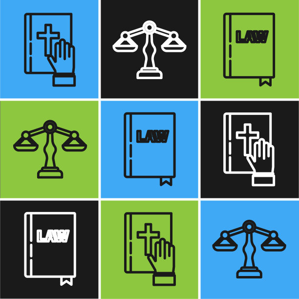 设定行誓言圣经，法律书和天平的正义图标。向量图片下载