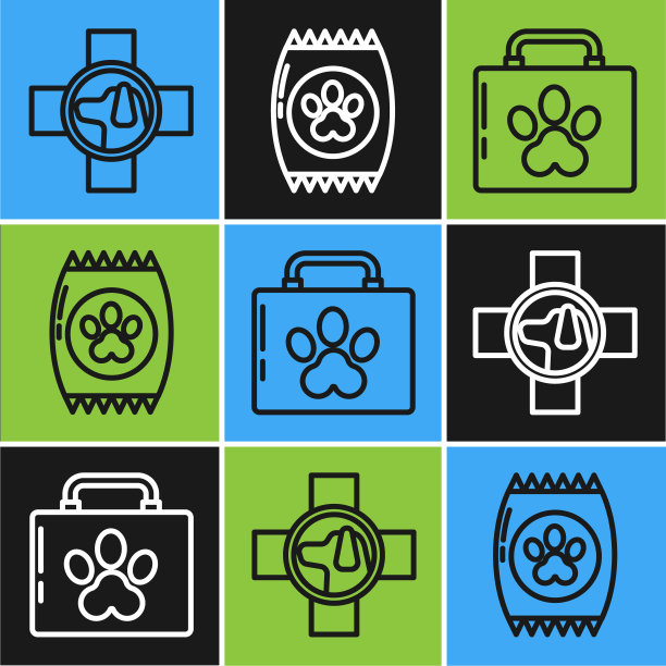设行兽医诊所标志、宠物急救箱及宠物食品袋图标。向量图片下载