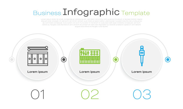设置线鼓与鼓棒，音乐合成器和麦克风。业务信息模板。向量图片下载