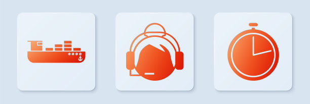 联系支持操作员，货轮与箱子交付服务和秒表。白色正方形按钮。向量图片下载